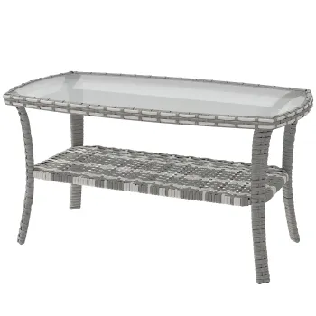 Outsunny Masa de gradina exterioara dreptunghiulara din ratan cu raft blat din sticla securizata cu model ondulat 90x50x45 cm Gri inchis | Aosom Romania imagine