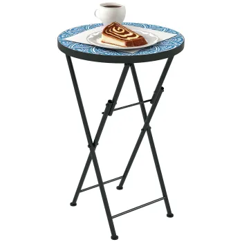 Outsunny Masa de gradina mozaic, Masa rotunda pliabila pentru terasa cu cadru metalic si blat de ceramica, Model mozaic, Albastru | Aosom Romania imagine