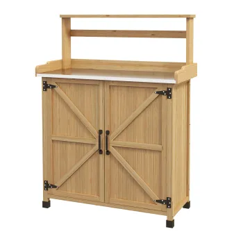 Outsunny Masa de repicare masa de gradinarit cu dulap si rafturi si blat pietre antidrapante din lemn de brad galben | Aosom Romania imagine