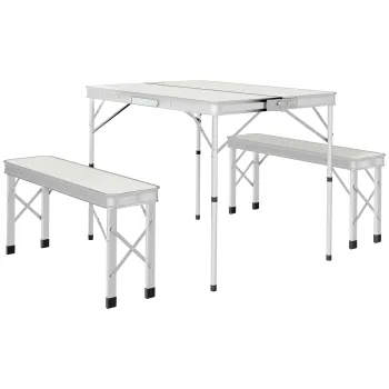 Outsunny Masa Pliabila de Picnic cu 2 Banci Exterioare, Masa de Camping din 3 Piese si Scaune din MDF si Aluminiu, 90x62x70 cm, Argintiu imagine