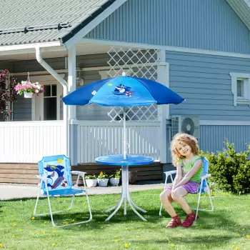 Outsunny Masa si Scaune de Gradina pentru Copii cu Umbrela Reglabila, Set 4 Piese cu Desen Rechin, Varsta 3-6 ani, Albastru inchis imagine
