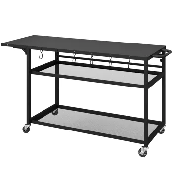 Outsunny Masuta de gradina carucior de gratar pe roti cu Blat Lateral Pliabil, Trei Rafturi, 133 x 48,5 x 82 cm, Negru | Aosom Romania imagine