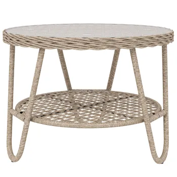 Outsunny Masuta laterala din polyrattan, masa de cafea in 2 niveluri cu raft, blat din sticla, picioare reglabile, 65 x 65 x 50 cm, galben | Aosom Romania imagine