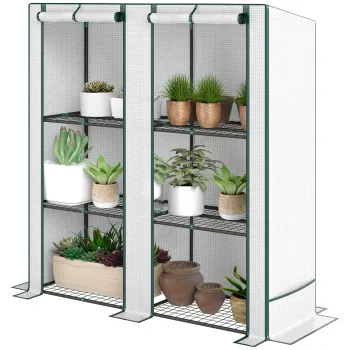 Outsunny Mini-Sera cu raft de 3 nivele, husa de plastic, rezistenta la UV, portabila, cu usa ruletabila, 144 x 48 x 152 cm, Alb | Aosom Romania imagine