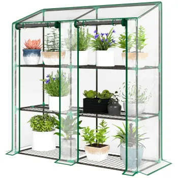 Outsunny Mini sera de gradina 3 nivele cu folie de plastic, 2 usi pliabile, 6 rafturi, dim. 143L x 46l x 141/151H cm | Aosom Romania imagine