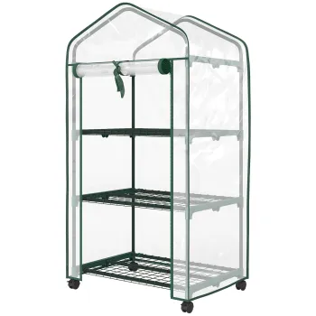 Outsunny Mini sera de gradina cu 3 rafturi, prelata PVC de inalta densitate, usa rulabila 4 roti 69 x 49 x 130 cm transparent | Aosom Romania imagine