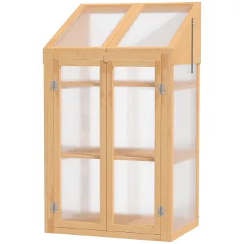 Outsunny Mini-sera, sera mica cu structura din lemn, ferestre si usa dubla, 3 rafturi, 70L x 50L x 120I cm, maro | Aosom Romania imagine