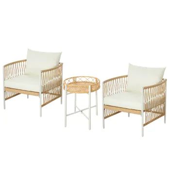 Outsunny Mobilier de Terasa din Rachita din 3 piese, Set de Terasa de Exterior din Ratan din PE, Mobilier de Balcon cu Perne Moi pentru Sezut imagine