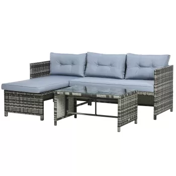 Outsunny Mobilier pentru gradina cu canapea 2 locuri, sezlong si masuta, set pentru gradina din ratan PE si geam cu perne, gri | AOSOM RO imagine