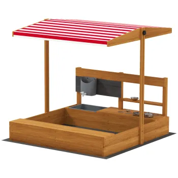 Outsunny Nisipar din lemn pentru copii cu copertina reglabila si jucarii de bucatarie Juego para Ninos 3-7 Anos 114x110x110 cm Maro | Aosom Romania imagine