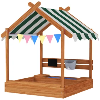 Outsunny Nisipar pentru copii cu copertina 6 fanioane 2 tavi robinet si tabla in forma de casuta pentru curte 124x116x146 cm Portocaliu | Aosom Romania imagine