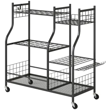 Outsunny Organizator de Ounelte de Gradina in Otel pe 3 Nivele, 74 Emplacements, 4 Roues, 11 Crochets, 104x40x95cm, Negru | Aosom Romania imagine