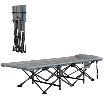 Outsunny Pat de Camping Pliabil cu Perna Integrata si Buzunar Lateral, 187x67x37 cm, Gri | Aosom Romania imagine