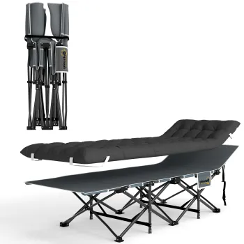 Outsunny Pat de Camping Pliabil cu Tetiera Inclinata si Saltea Detasabila, 68x196x37 cm, Negru | Aosom Romania imagine