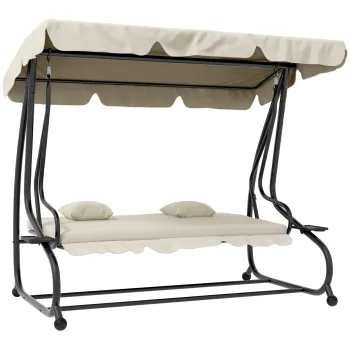 Outsunny Pat de Gradina, Balansoar cu Acoperis Reglabil si Suport pentru Pahare, Balansoar de Gradina din Otel si Poliester, 200x120x164 cm, crem imagine