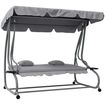 Outsunny Pat de Gradina cu Acoperis Reglabil si Suport pentru Pahare, Balansoar de gradina din otel si poliester, 200x120x164 cm, Gri imagine