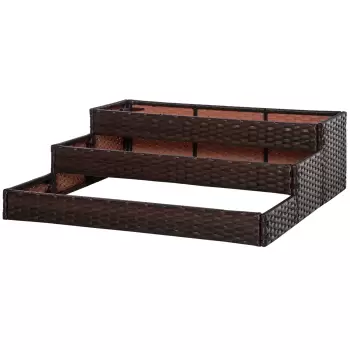Outsunny Pat de gradina inaltat cu 3 niveluri din ratan fara fund, jardiniera pentru gradina pentru plante, flori si legume, 120x120x40cm, gri talpa imagine