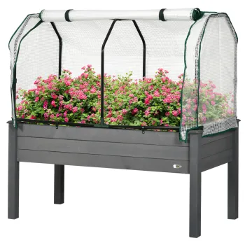 Outsunny Pat de Gradina Inaltat cu Acoperis din PE, Jardiniera din Lemn pentru Exterior cu 4 Orificii de Drenaj, pentru Flori si Legume, pentru Gradina, Balcon, 121x55x117 cm, Gri Inchis | Aosom Romania imagine