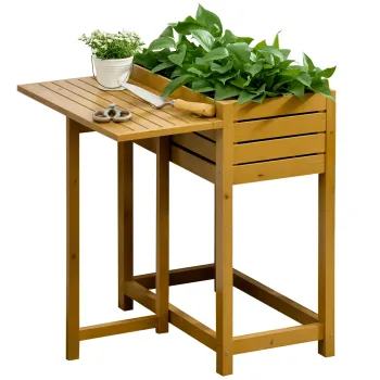 Outsunny Pat de legume cu masa de lucru pliabila, lemn masiv lacuit, captuseala interioara din material netesut, 64cm x 63cm x 74.5cm | Aosom Romania imagine