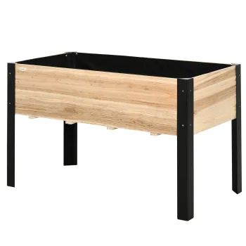 Outsunny Pat inalt de gradina, cutie pentru flori, ghiveci, pat pentru plante aromatice cu material netesut, lemn masiv, otel, Lemn natural+Negru 120 x 60 x 74 cm | Aosom Romania imagine