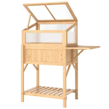 Outsunny Pat inaltat cu capota pentru mini-sera din lemn jardiniera cu sera pliabila masa laterala raft lemn natural | Aosom Romania imagine