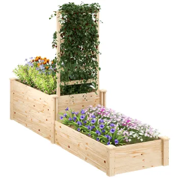 Outsunny Pat Inaltat pentru Gradina cu Grilaj, Baza Deschisa si 2 Despartitoare, 222x63x132 cm, Lemn Natural | Aosom Romania imagine