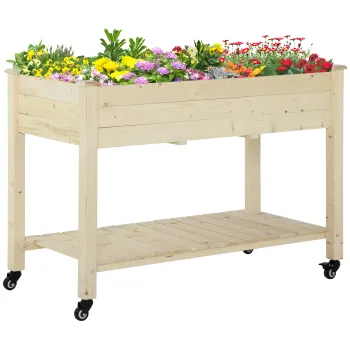 Outsunny Pat pentru Gradina de Legume Inaltat din Lemn cu Roti, Jardiniera Inaltata cu Raft Inferior, 118x55x83cm, Lemn Natur imagine