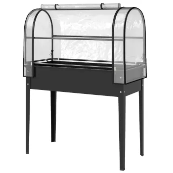 Outsunny Patura inaltata cu capac de sera cutie de plantare cu capac rabatabil usa rulabila cu fermoar orificiu de scurgere Negru | Aosom Romania imagine