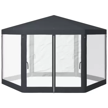 Outsunny Pavilion 4x4 m de Gradina Hexagonal cu Pereti din Plasa, 2 Usi si Picioare Reglabile, Pavilion din Metal si Poliester imagine