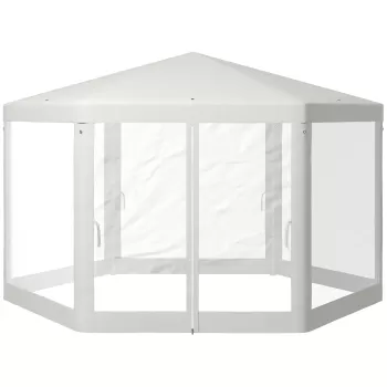 Outsunny Pavilion 4x4 m de Gradina Hexagonal cu Pereti din Plasa, 2 Usi si Picioare Reglabile, Pavilion din Metal si Poliester cu Pari si Franghii imagine