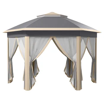 Outsunny Pavilion 4x4m impermeabil pop-up pavilion pliant hexagonal, acoperis dublu, pavilion de gradina cu 6 parti laterale, cort de petrecere incl. husa de transport, pentru gradina, terasa, festival, Bej+Kaki | Aosom Romania imagine