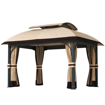 Outsunny Pavilion de gradina, 3,3 x 4 m cort de gradina cu draperii din plasa, acoperis in doua niveluri, acoperire din piele ecologica, cadru metalic, Khaki | Aosom Romania imagine