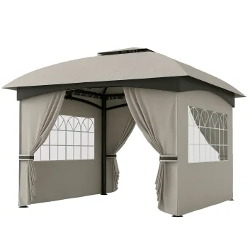 Outsunny Pavilion de gradina 3,4 x 3,4 m, Cort de bere cu acoperis ventilat, ferestre arcuite, cadru din otel, Gri deschis | Aosom Romania imagine
