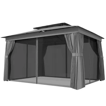 Outsunny Pavilion de Gradina 3,8x3 m cu Perdele, Plasa de Tantari, Carlige, Pavilion de Exterior cu Acoperis Dublu, Orificii de Drenaj, Structura Metalica, pentru Gradina, Terasa, Petreceri, UV30+, Gri Inchis | Aosom Romania imagine