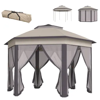 Outsunny pavilion de gradina pliabil 4 x 4 m Pop-Up, cort de petrecere, incl. geanta de transport, 6 parti laterale, acoperis dublu, hexagonal, bej | Aosom Romania imagine