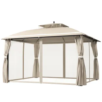 Outsunny Pavilion pentru Exterior cu Baldachin, Acoperis Dublu, Plasa si Draperii, 370x303x290 cm, Bej | Aosom Romania imagine