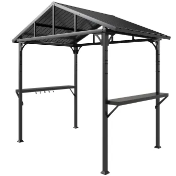 Outsunny Pavilion pentru gratar 2,52 x 1,56 m, pavilion impermeabil cu acoperis in doua ape, polita laterala, carlige, cadru din otel, Negru | Aosom Romania imagine
