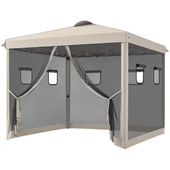 Outsunny Pavilion Pliabil, reglabil in inaltime, perdele de plasa, geanta de transport, structura metalica, 3 x 3 x 3 m, Bej | Aosom Romania imagine