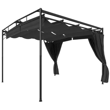 Outsunny Pergola retractabila 3 x 3 m cu draperii, adapost de gradina din metal pentru terasa si patio Gri Inchis | Aosom Romania imagine