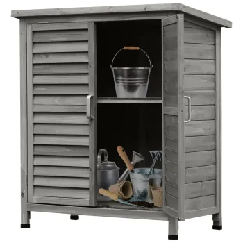 Outsunny Remiza de gradina pentru unelte, pe picioare, cu usi obloane si acoperis bitum, din brad, 87x46,5x96,5 cm, gri | Aosom Romania imagine