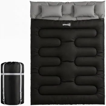 Outsunny Sac de dormit dublu pentru 2 persoane cu 2 perne, 2 sezoane pentru outdoor, camping, trekking, calatorii Negru | Aosom Romania imagine