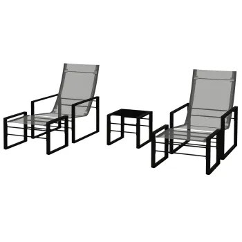 Outsunny Salon de gradina 5 piese 2 locuri cu 2 fotolii, 2 scaune pentru picioare si 1 masa, metal negru, sezut material mesh gri | Aosom Romania imagine