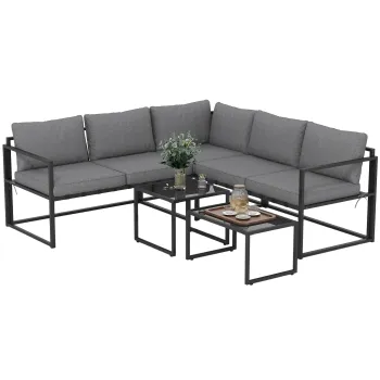 Outsunny Salon de gradina de colt exterior cu 2 canapele si 2 mese de cafea pliabile din sticla temperata, gri | Aosom Romania imagine