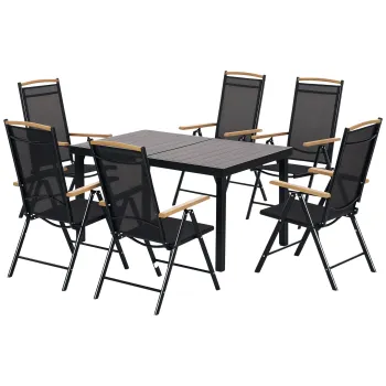 Outsunny Salon de gradina exterioara 6 persoane, cadru din aluminiu, masa 140 cm, 6 scaune pliabile si inclinabile, negru | Aosom Romania imagine