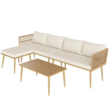 Outsunny Salon de gradina exterior din rasina impletita 5 locuri modular 2 canapele, pouf si masa de cafea, perne incluse, crem | Aosom Romania imagine