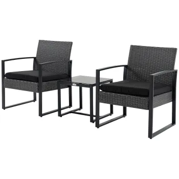 Outsunny Salon de jardin 2 locuri 3 piese 2 scaune cu perne + masa de cafea blat sticla securizata rasina tressee 4 fire imitatie de rachita gri | Aosom Romania imagine