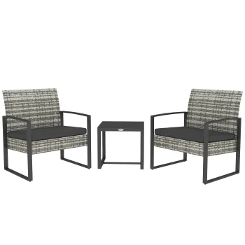 Outsunny Salon de jardin 3 piese 2 scaune cu perne + masa de cafea cu blat din sticla securizata rasina tressee gri deschis | Aosom Romania imagine