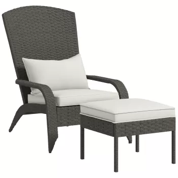 Outsunny Scaun Adirondack cu taburet din rachita pentru terasa, Scaun de exterior pentru semineu cu perne, spatar inalt, sezut mare, cotiere, pentru veranda, gradina, Gri imagine