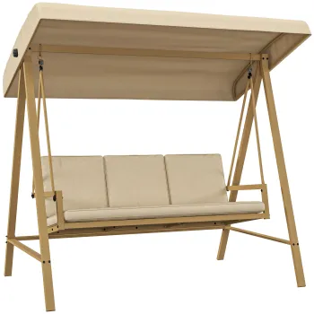 Outsunny Scaun Balansoar de Gradina cu 3 Locuri, Banca Hamac in Aer Liber cu Copertina Reglabila, Perne Detasabile si Cadru din Otel, Bej imagine