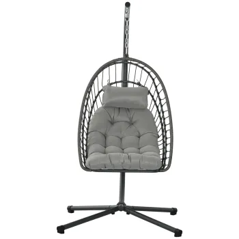 Outsunny Scaun Balansoar din ratan din PE pentru Exterior cu Perna Groasa Captusita, Scaun Suspendat cu Cos Pliabil pentru Terasa cu Suport Metalic imagine